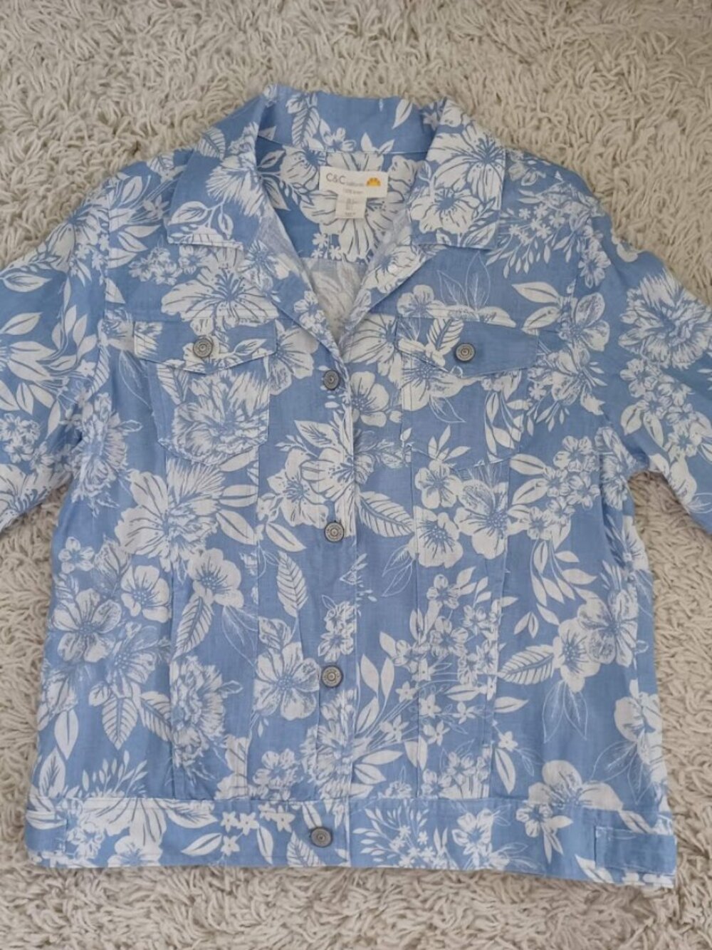 C&C California 100% Linen Floral Jacket Blue White Utility Shirt Women's L